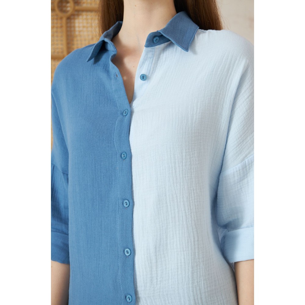 Pasaklı Giyim Pasaklı Giyim Kadın Müslin %100 Pamuk Salaş Gömlek Mavi-Beyaz - Premium Kadın Giyim