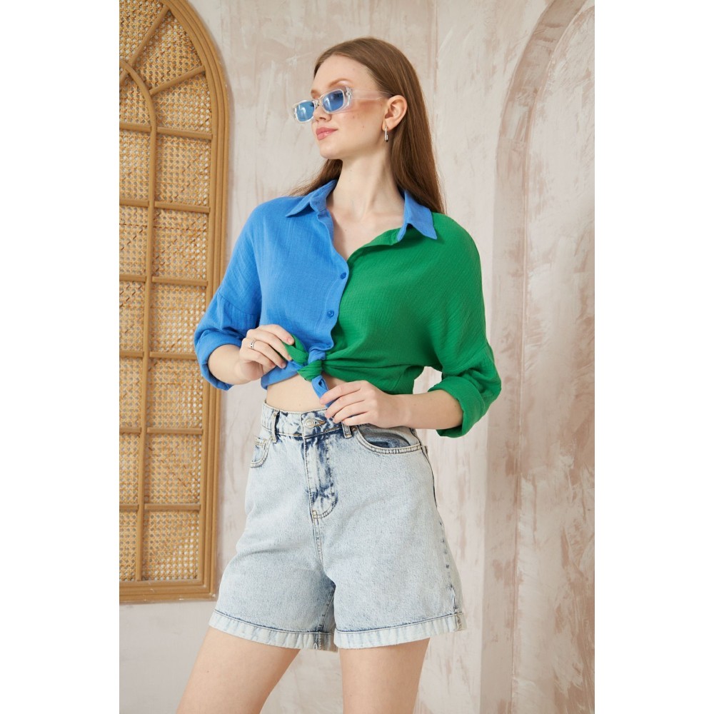 Pasaklı Giyim Pasaklı Giyim Kadın Müslin %100 Pamuk Salaş Gömlek Mavi-Yeşil - Premium Kadın Giyim