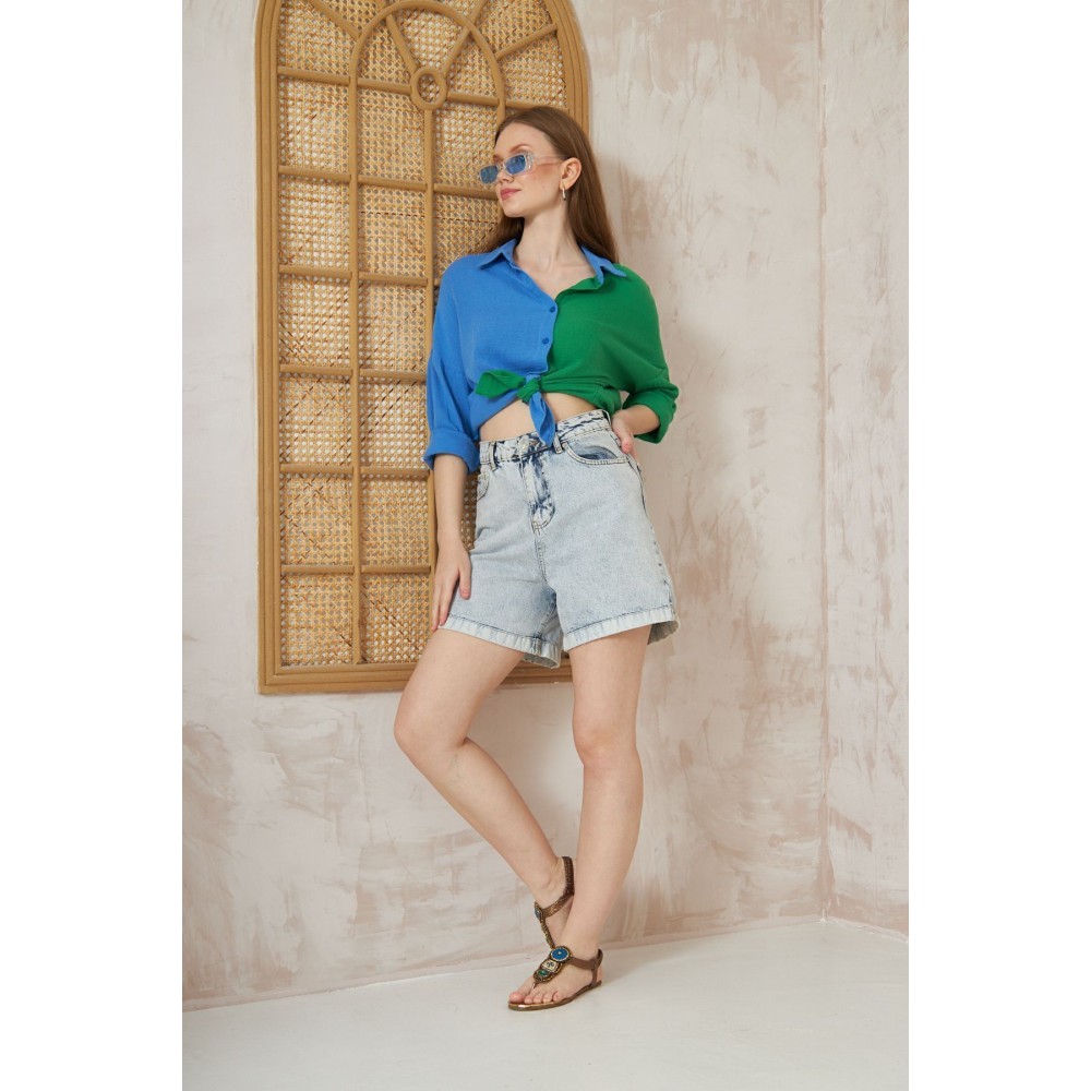 Pasaklı Giyim Pasaklı Giyim Kadın Müslin %100 Pamuk Salaş Gömlek Mavi-Yeşil - Premium Kadın Giyim