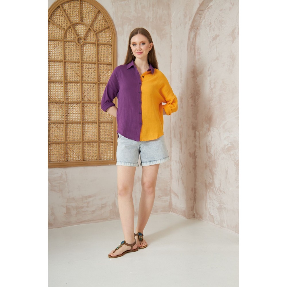 Pasaklı Giyim Pasaklı Giyim Kadın Müslin %100 Pamuk Salaş Gömlek Mor-Turuncu - Premium Kadın Giyim