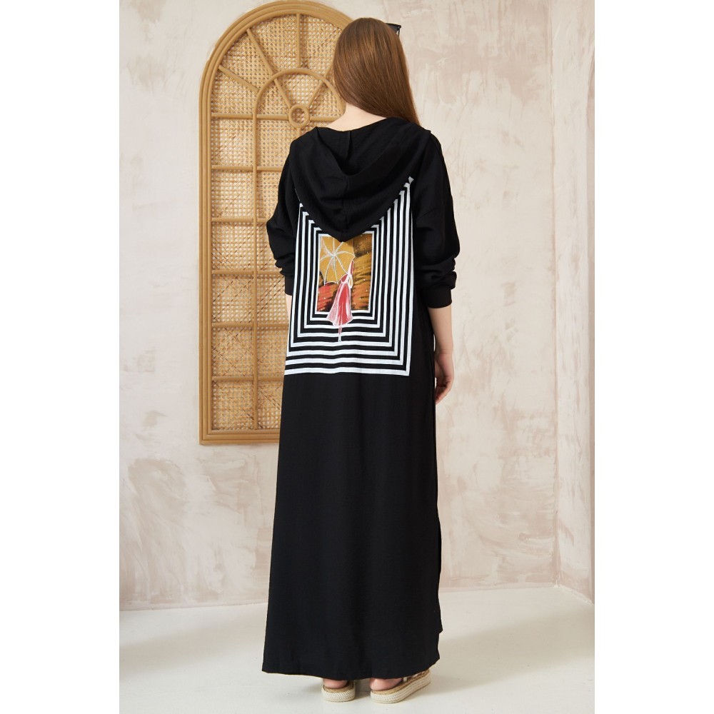 Pasaklı Giyim Pasaklı Giyim Kadın Sırtı Baskılı Kapüşonlu Elbise Siyah - Premium Kadın Giyim