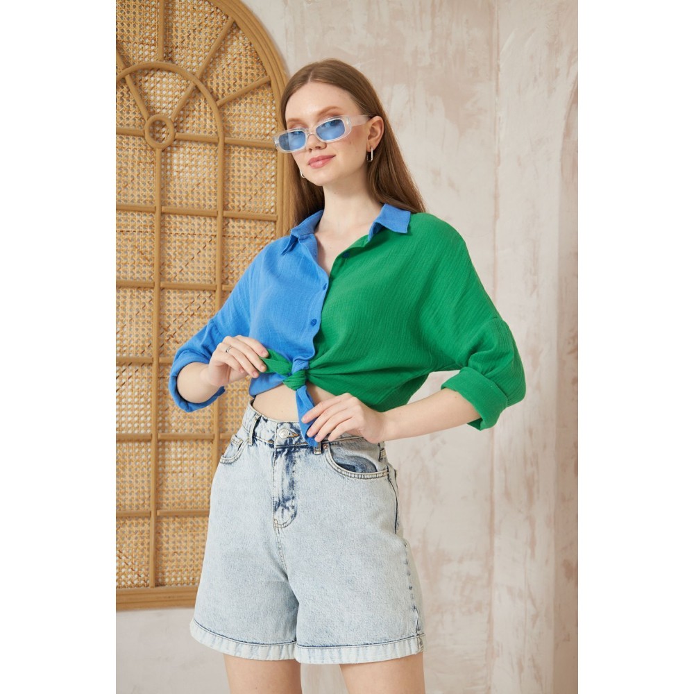 Pasaklı Giyim Pasaklı Giyim Kadın Müslin %100 Pamuk Salaş Gömlek Mavi-Yeşil - Premium Kadın Giyim