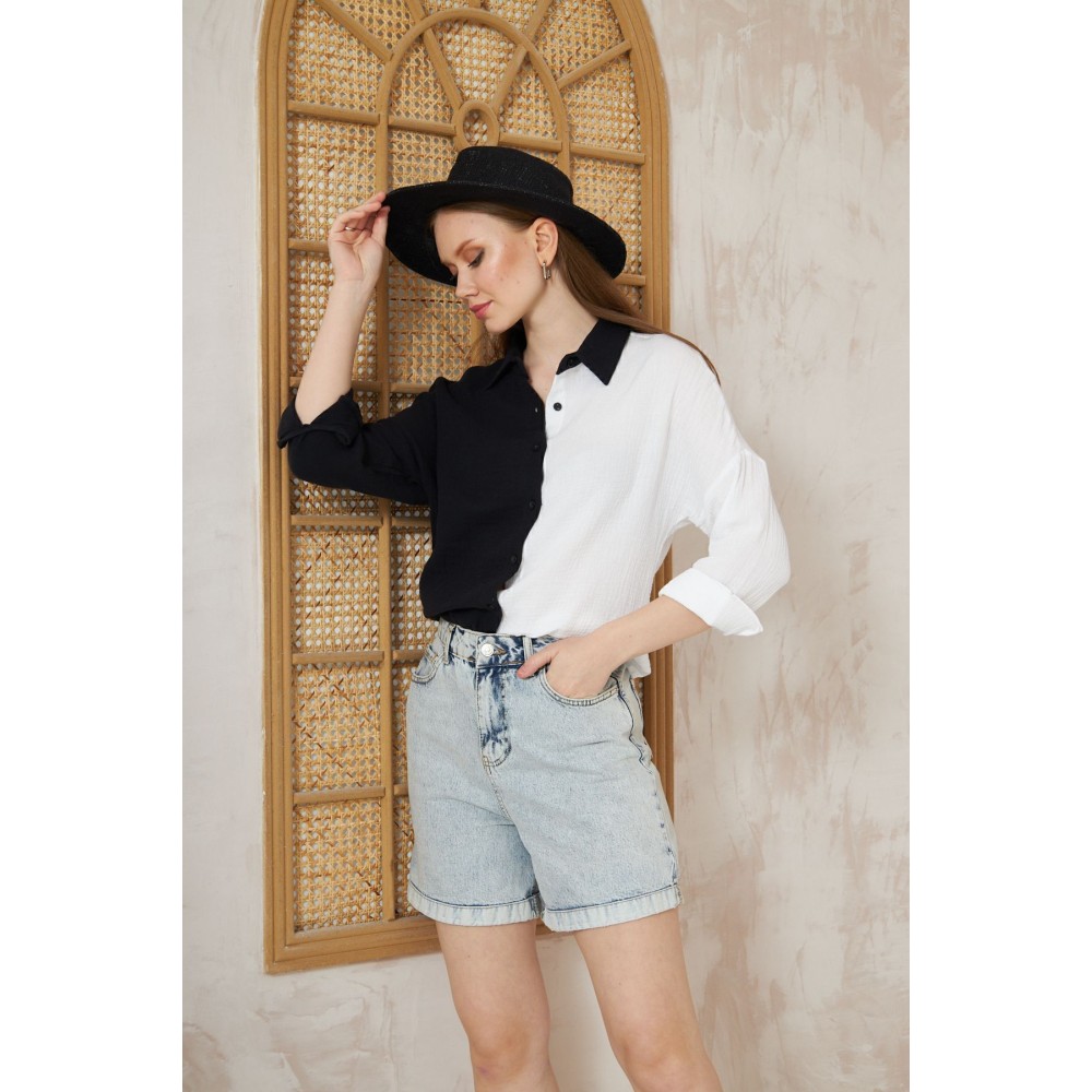 Pasaklı Giyim Pasaklı Giyim Kadın Müslin %100 Pamuk Salaş Gömlek Siyah Beyaz - Premium Kadın Giyim