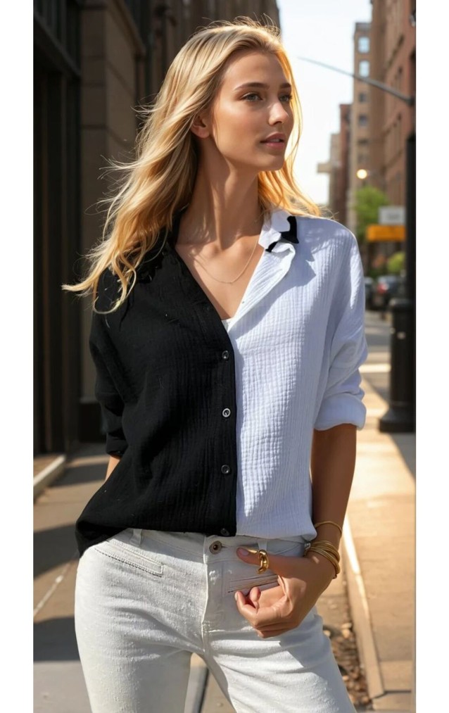 Pasaklı Giyim Kadın Müslin %100 Pamuk Salaş Gömlek 3458275 Siyah Beyaz