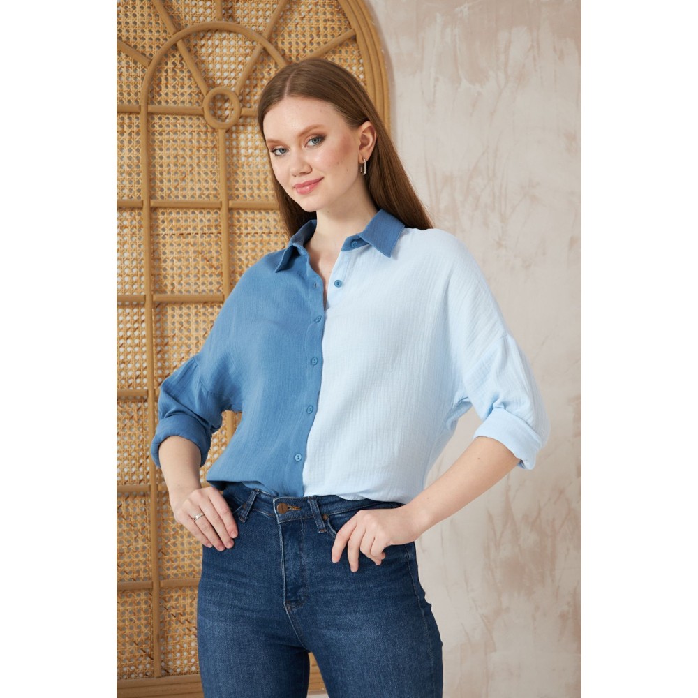 Pasaklı Giyim Pasaklı Giyim Kadın Müslin %100 Pamuk Salaş Gömlek Mavi-Beyaz - Premium Kadın Giyim