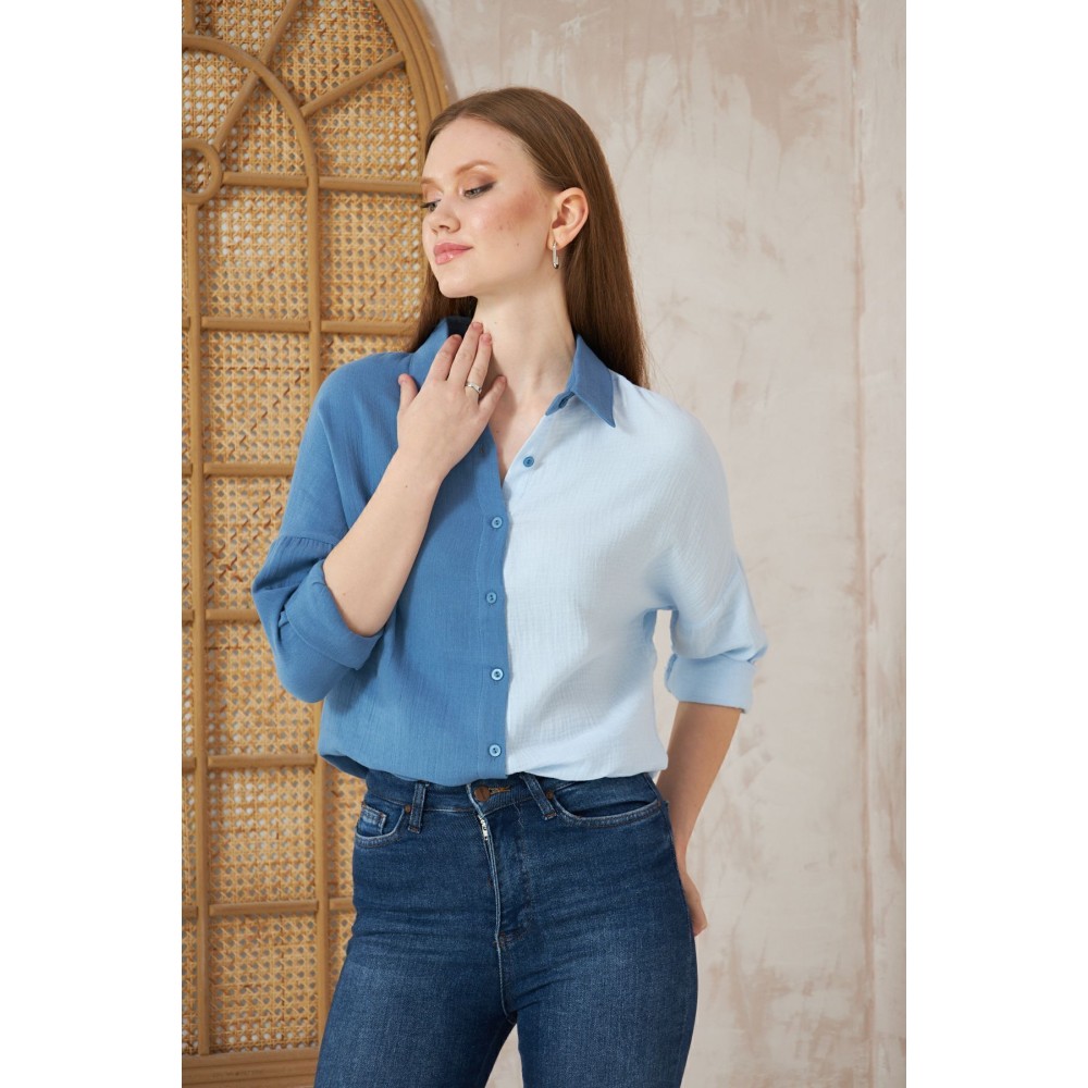 Pasaklı Giyim Pasaklı Giyim Kadın Müslin %100 Pamuk Salaş Gömlek Mavi-Beyaz - Premium Kadın Giyim