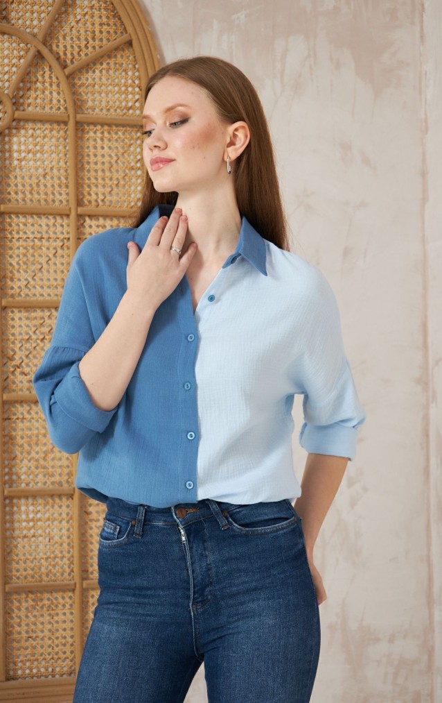 Pasaklı Giyim Kadın Müslin %100 Pamuk Salaş Gömlek 3458275 Mavi-Beyaz