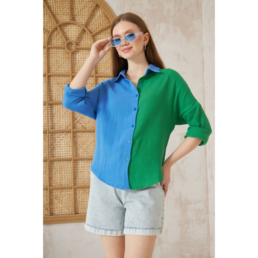 Pasaklı Giyim Pasaklı Giyim Kadın Müslin %100 Pamuk Salaş Gömlek Mavi-Yeşil - Premium Kadın Giyim
