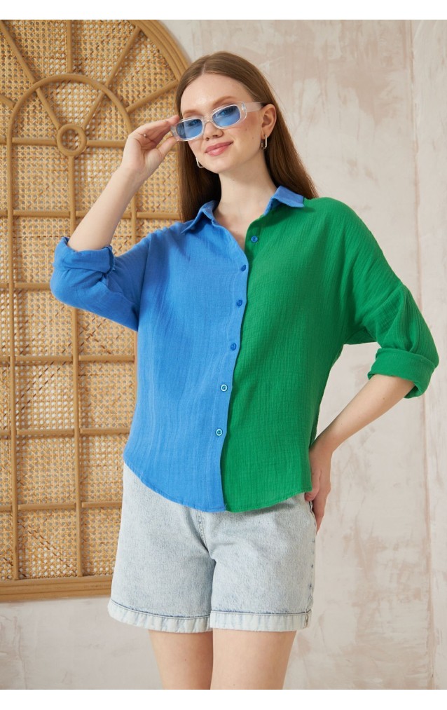 Pasaklı Giyim Kadın Müslin %100 Pamuk Salaş Gömlek 3458275 Mavi-Yeşil