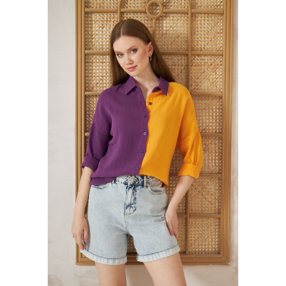 Pasaklı Giyim Pasaklı Giyim Kadın Müslin %100 Pamuk Salaş Gömlek Mor-Turuncu - Premium Kadın Giyim