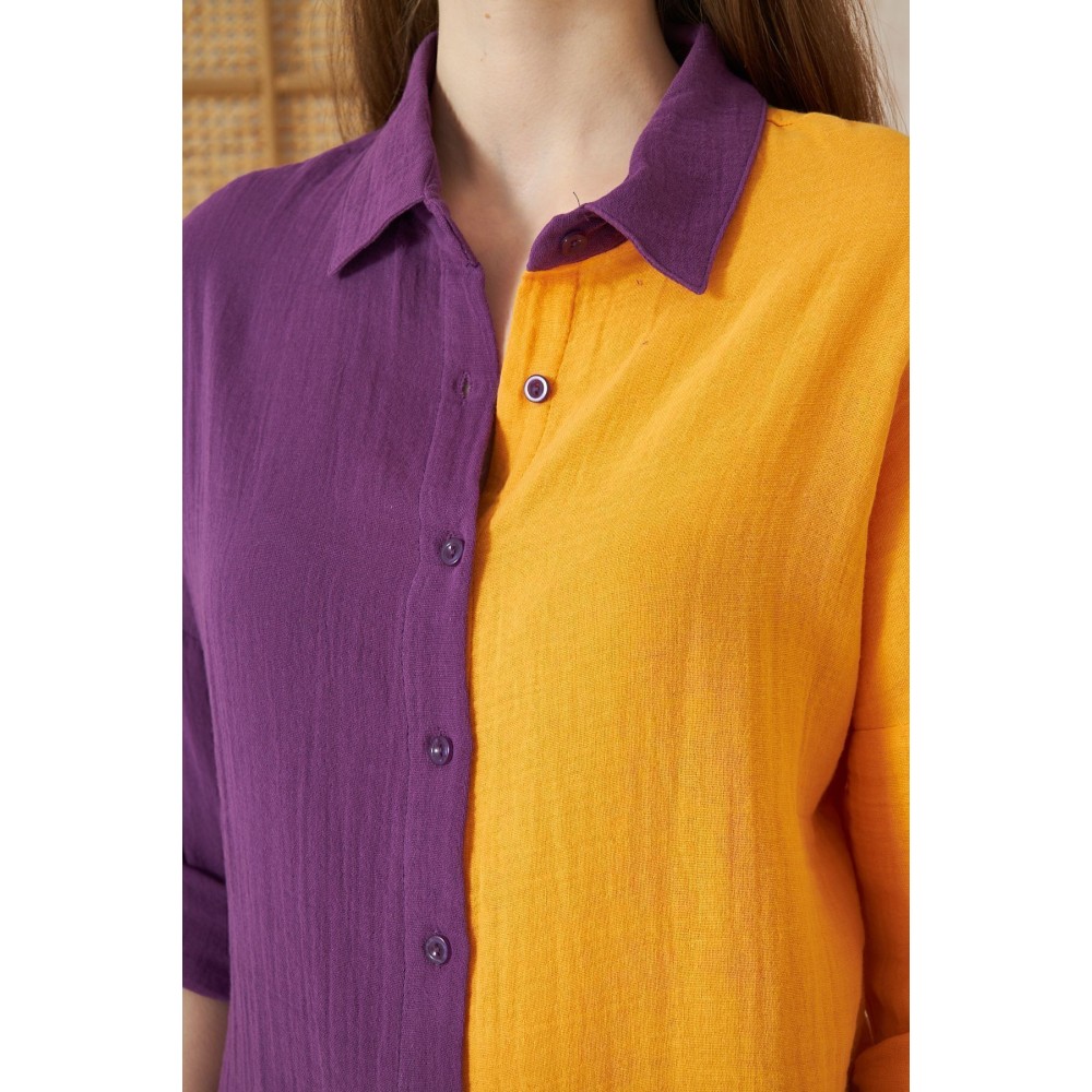 Pasaklı Giyim Pasaklı Giyim Kadın Müslin %100 Pamuk Salaş Gömlek Mor-Turuncu - Premium Kadın Giyim