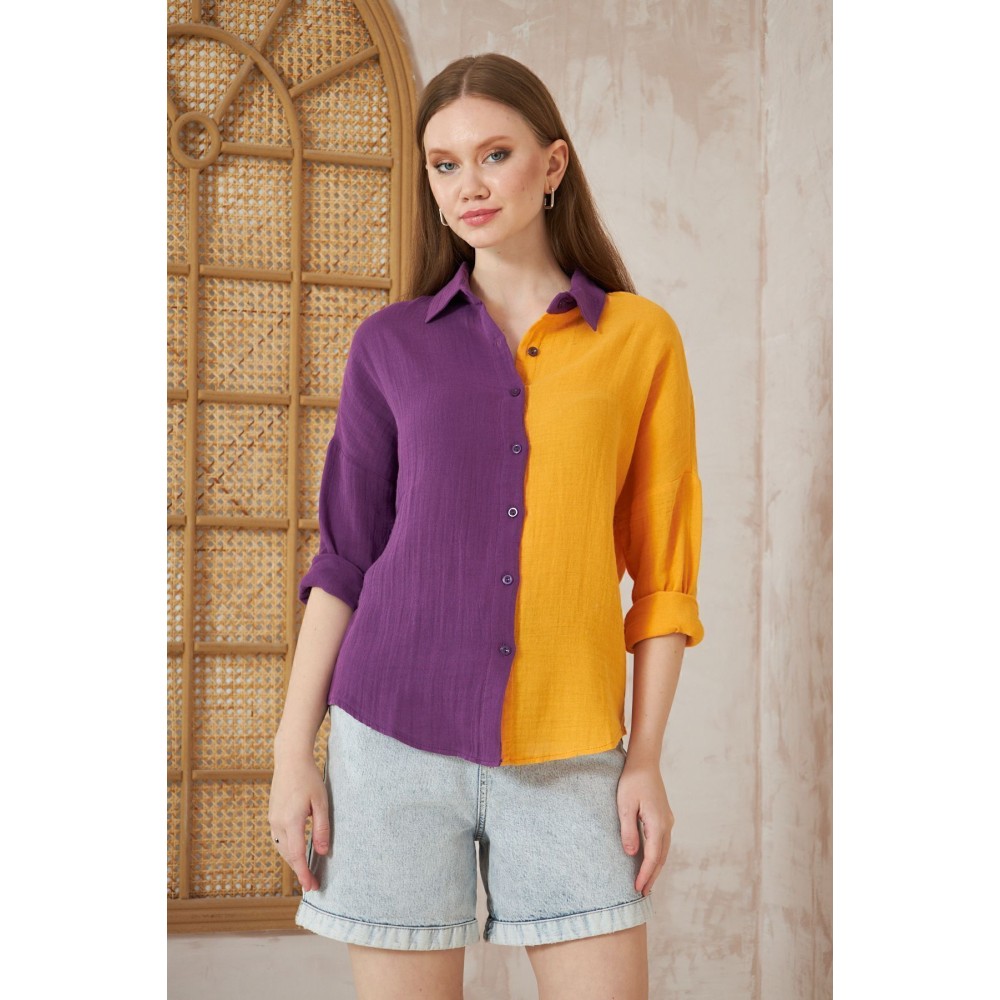 Pasaklı Giyim Pasaklı Giyim Kadın Müslin %100 Pamuk Salaş Gömlek Mor-Turuncu - Premium Kadın Giyim