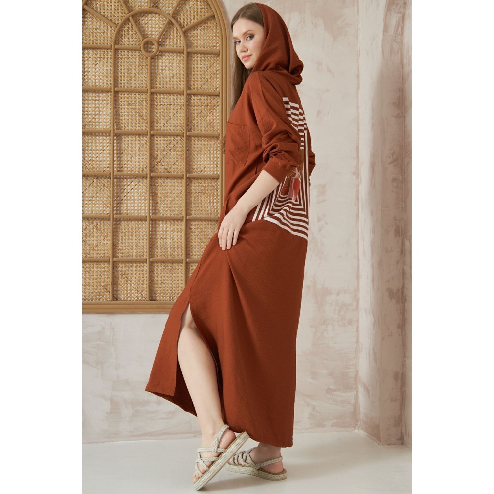 Pasaklı Giyim Pasaklı Giyim Kadın Sırtı Baskılı Kapüşonlu Elbise Kiremit - Premium Kadın Giyim