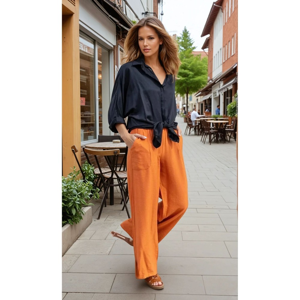 Pasaklı Giyim Pasaklı Giyim Kadın Keten Dokulu Pantolon Kiremit - Premium Kadın Giyim