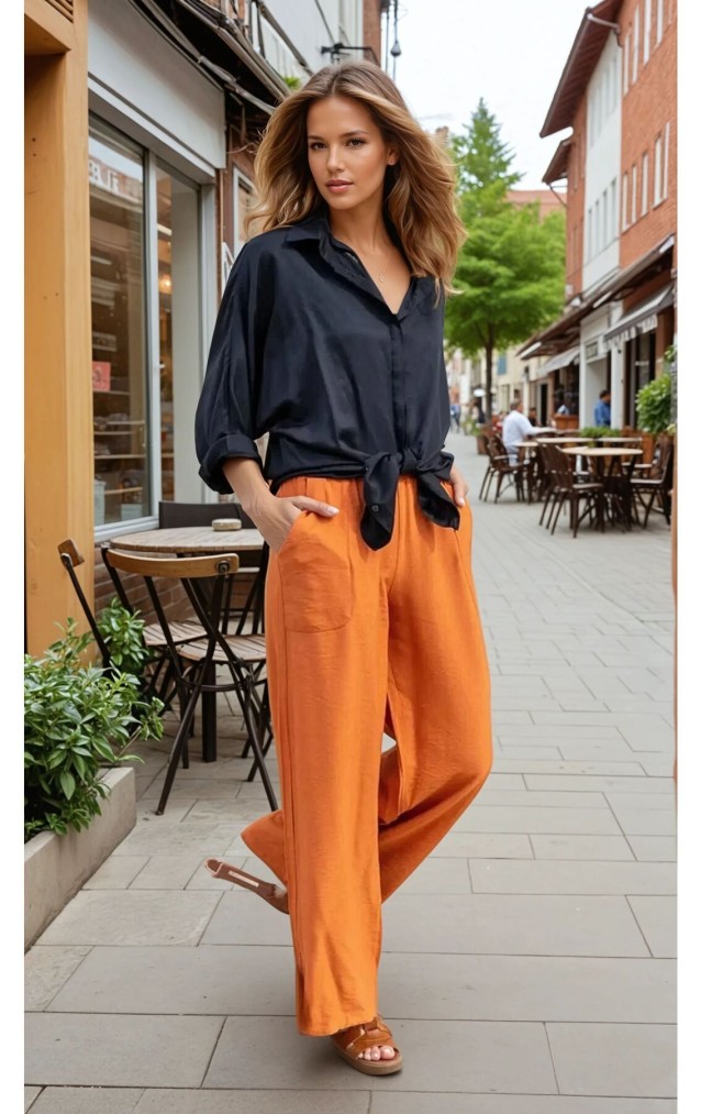 Pasaklı Giyim Kadın Keten Dokulu Pantolon 2933330 Kiremit