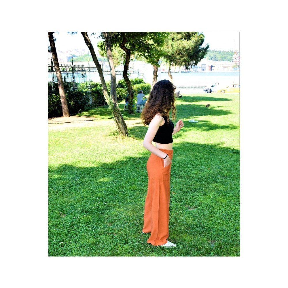 Pasaklı Giyim Pasaklı Giyim Kadın Keten Dokulu Pantolon Kiremit - Premium Kadın Giyim