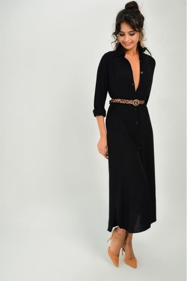 Pasaklı Giyim Kadın %100  Viskon Tam Boy  Gömlek Elbise T4011-1490363 Siyah