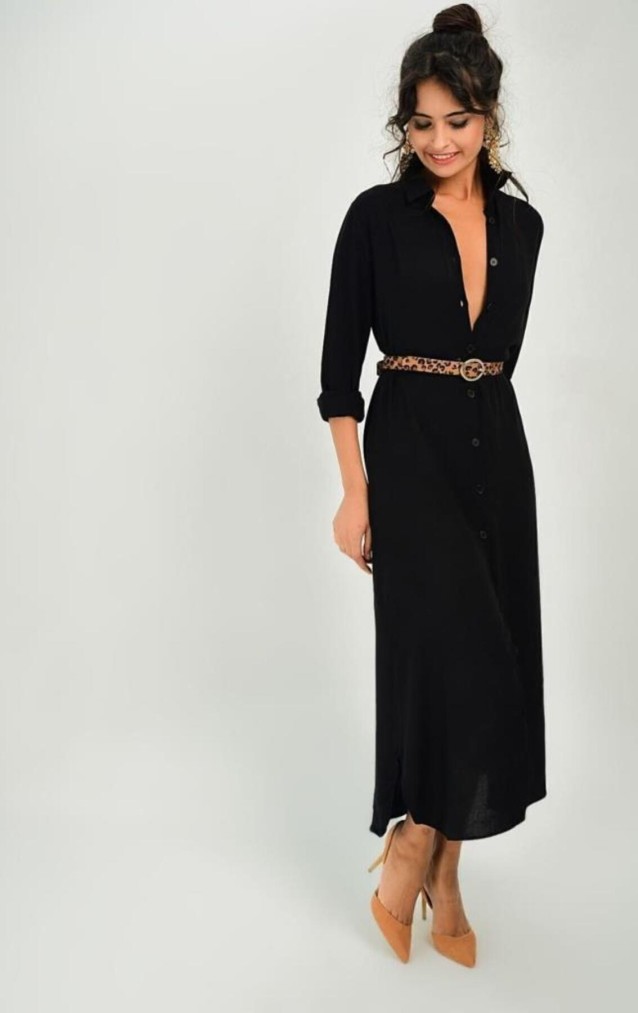 Pasaklı Giyim Kadın %100  Viskon Tam Boy  Gömlek Elbise T4011-1490363 Siyah