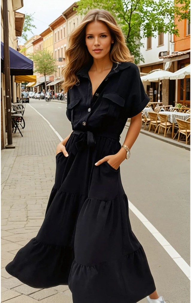 Pasaklı Giyim Kadın Siyah Cepli Kısa Kol Katlı Tam Boy Uzun Günlük Yazlık Giy Çık Elbise 3336217