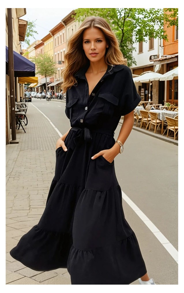 Pasaklı Giyim Kadın Siyah Cepli Kısa Kol Katlı Tam Boy Uzun Günlük Yazlık Giy Çık Elbise 3336217