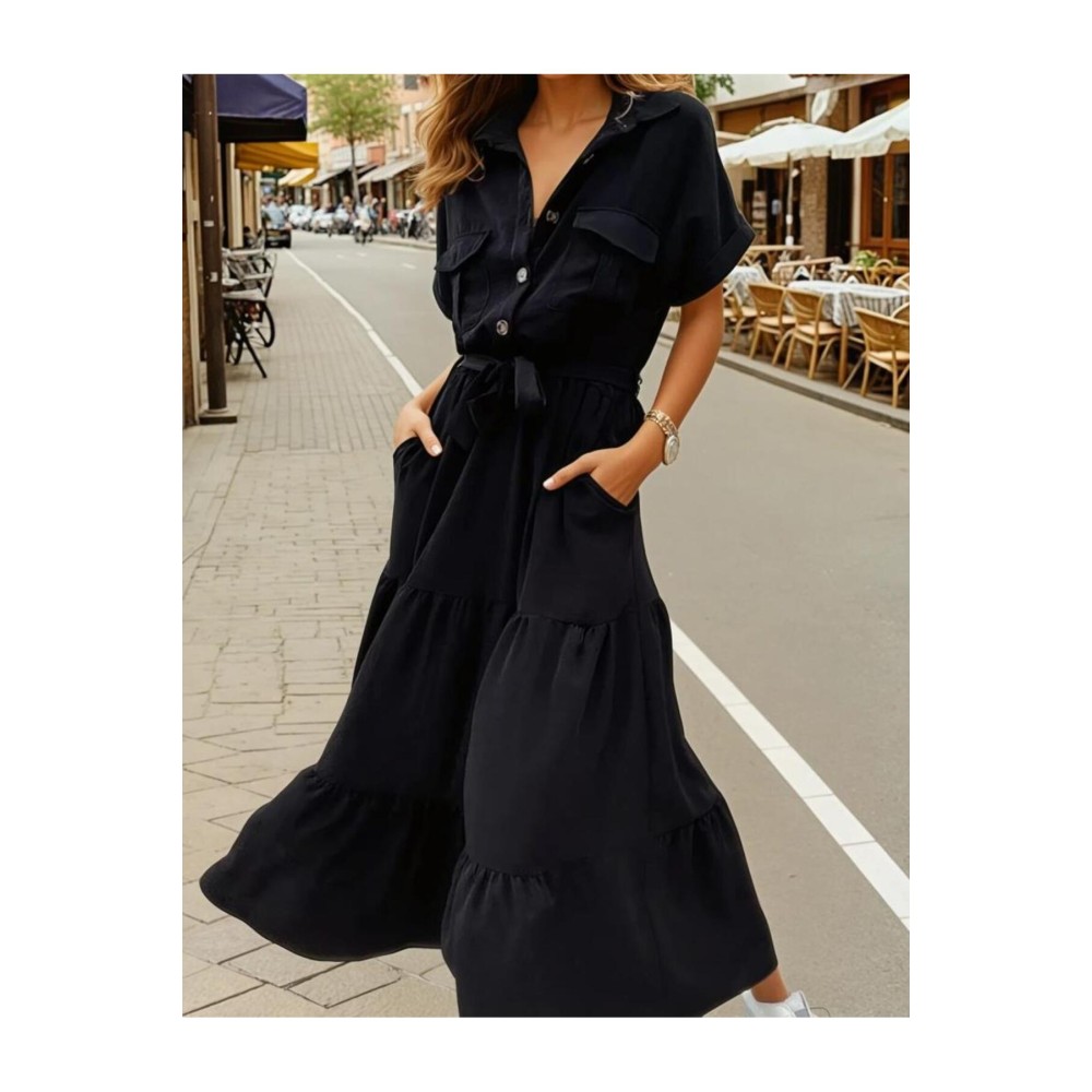 Pasaklı Giyim Pasaklı Giyim Kadın Siyah Cepli Kısa Kol Katlı Tam Boy Uzun Günlük Yazlık Giy Çık Elbise - Premium Kadın Giyim