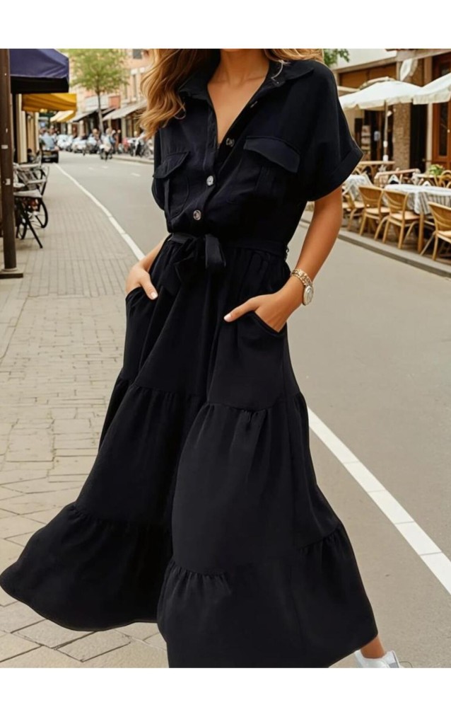 Pasaklı Giyim Kadın Siyah Cepli Kısa Kol Katlı Tam Boy Uzun Günlük Yazlık Giy Çık Elbise 3336217