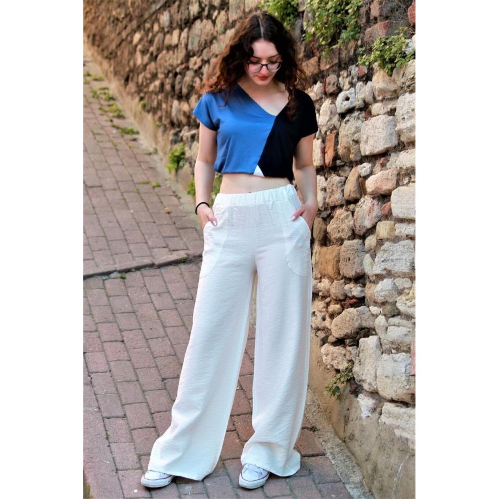 Pasaklı Giyim Pasaklı Giyim Kadın Keten Dokulu Pantolon Beyaz - Premium Kadın Giyim