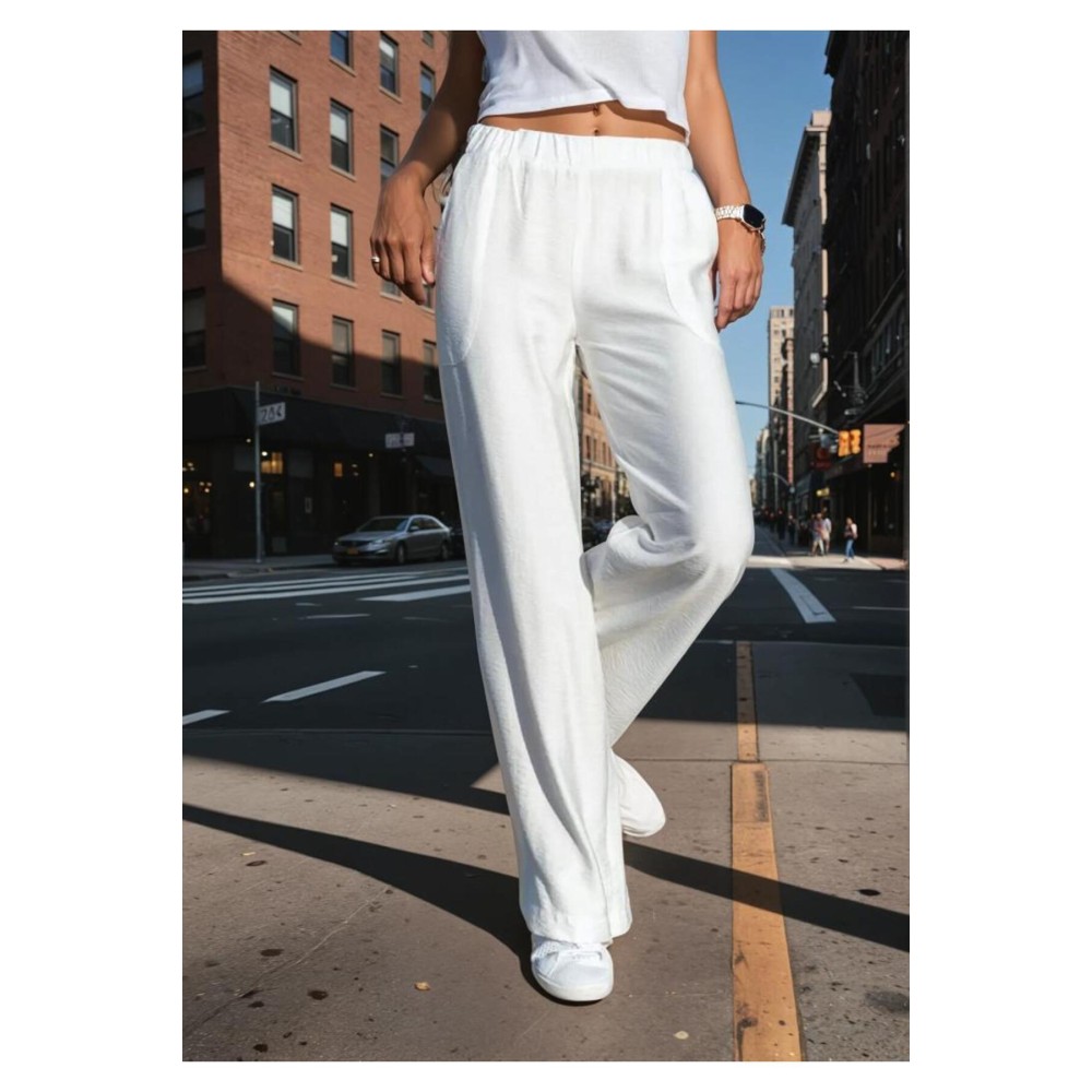 Pasaklı Giyim Pasaklı Giyim Kadın Keten Dokulu Pantolon Beyaz - Premium Kadın Giyim