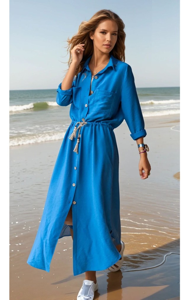 Pasaklı Giyim Kadın Hasır Kemerli Gömlek Elbise 2837451 İndigo