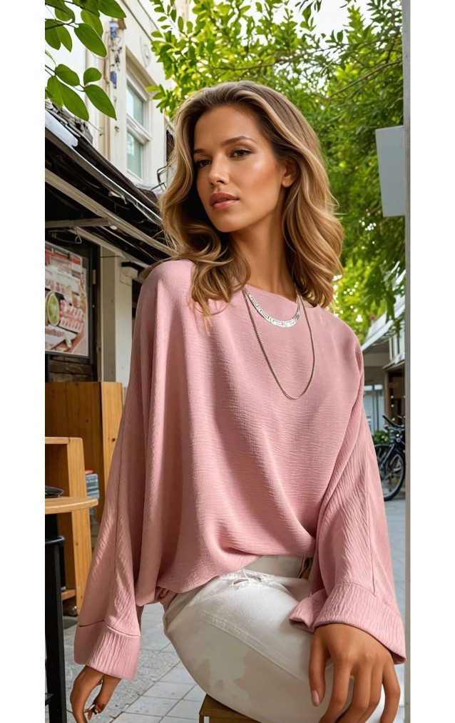 Pasaklı Giyim Kadın Yarasa Duble Kol Ekstra Oversize Bluz 2943308 Pudra