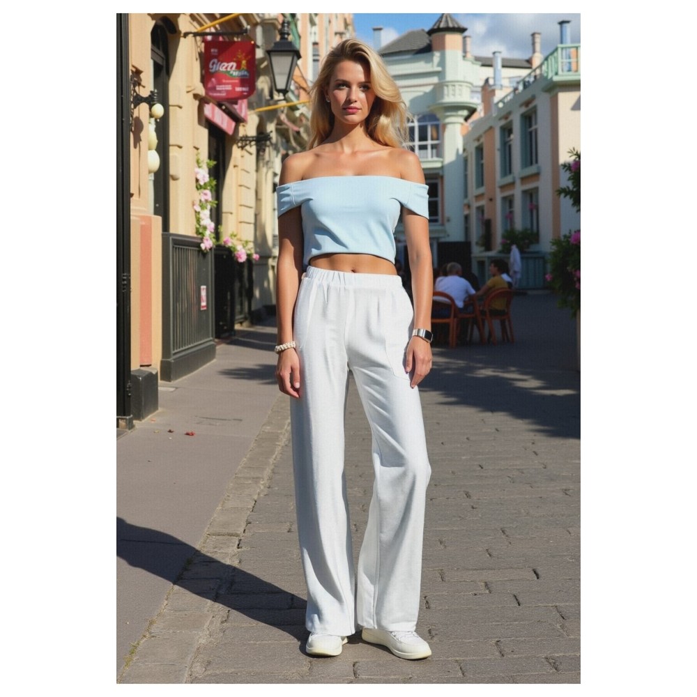 Pasaklı Giyim Pasaklı Giyim Kadın Keten Dokulu Pantolon Beyaz - Premium Kadın Giyim