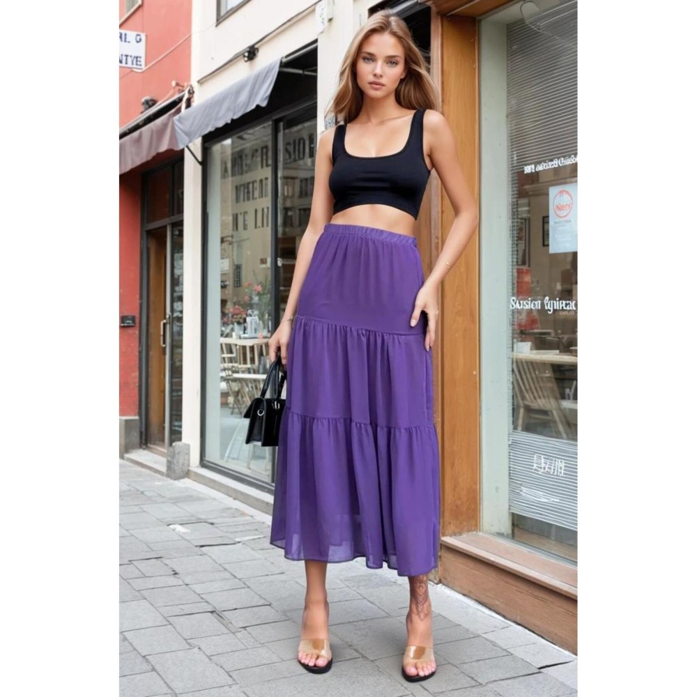 Pasaklı Giyim Pasaklı Giyim Kadın İki Katlı Şifon Etek Mor - Premium Kadın Giyim