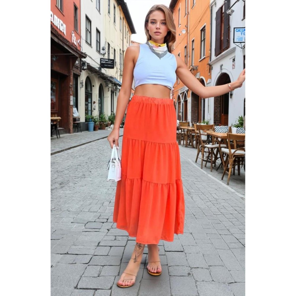 Pasaklı Giyim Pasaklı Giyim Kadın İki Katlı Şifon Etek Turuncu - Premium Kadın Giyim