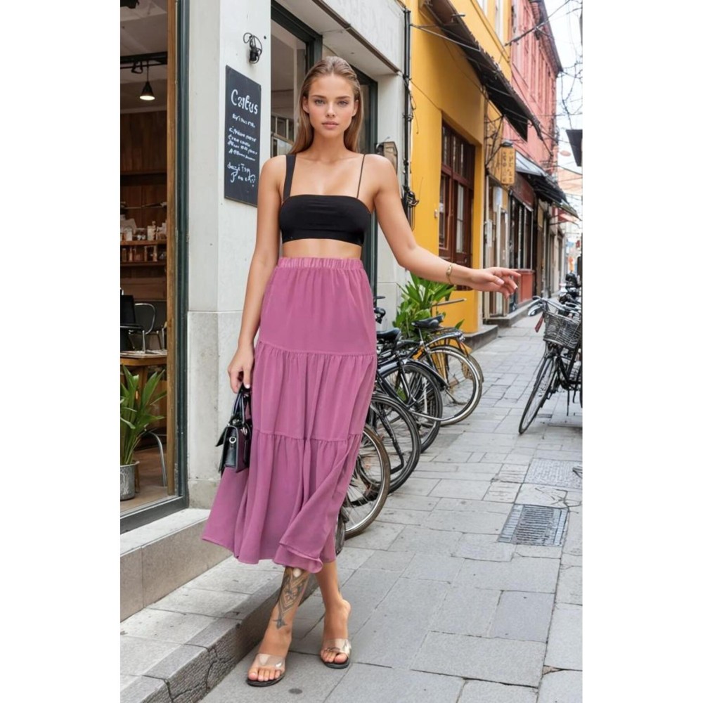 Pasaklı Giyim Pasaklı Giyim Kadın İki Katlı Şifon Etek Gül Kurusu - Premium Kadın Giyim