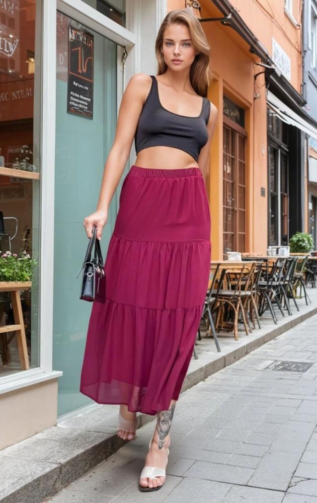 Pasaklı Giyim Kadın İki Katlı Şifon Etek 3642220 Bordo