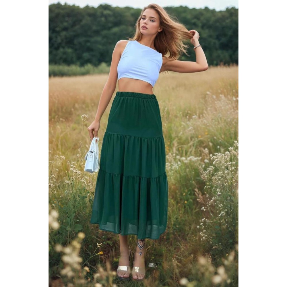 Pasaklı Giyim Pasaklı Giyim Kadın İki Katlı Şifon Etek Yeşil - Premium Kadın Giyim