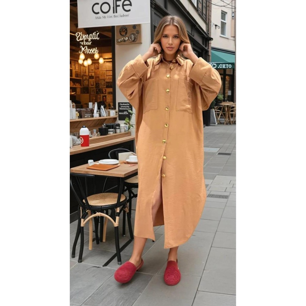 Pasaklı Giyim Pasaklı Giyim Kadın Oversize Yarasa Kol Tesettüre Uygun Gömlek Elbise-Tesettür Tunik Bej - Premium Kadın Giyim