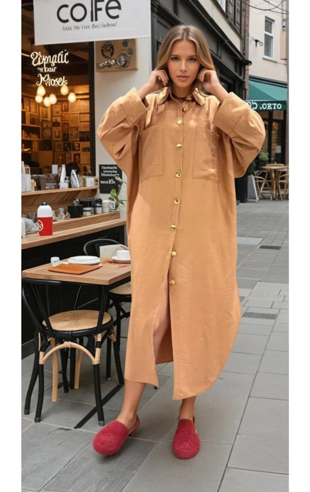 Pasaklı Giyim Kadın Oversize Yarasa Kol Tesettüre Uygun Gömlek Elbise-Tesettür Tunik 3282528 Bej