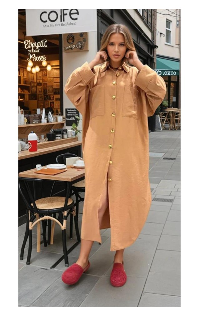 Pasaklı Giyim Kadın Oversize Yarasa Kol Tesettüre Uygun Gömlek Elbise-Tesettür Tunik 3282528 Bej