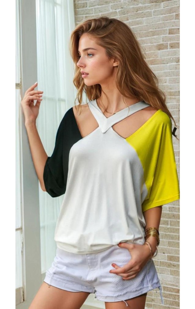 Pasaklı Giyim Kadın Dekolte T-Shirt 3265210 Sarı-Beyaz