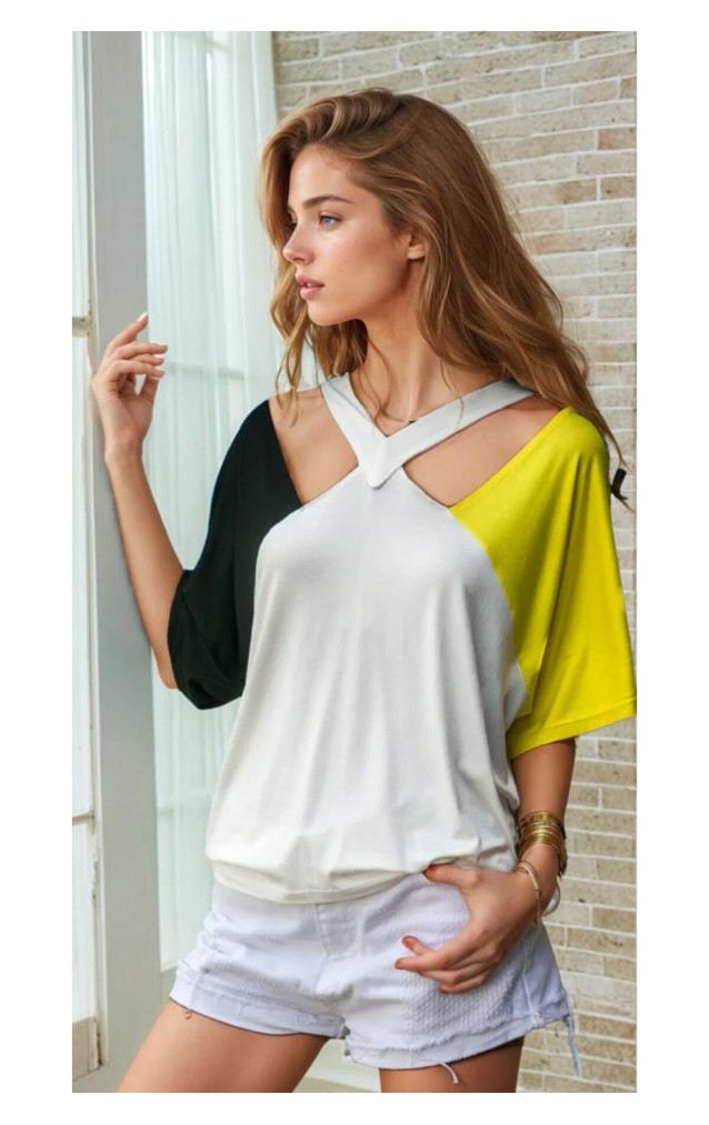 Pasaklı Giyim Kadın Dekolte T-Shirt 3265210 Sarı-Beyaz