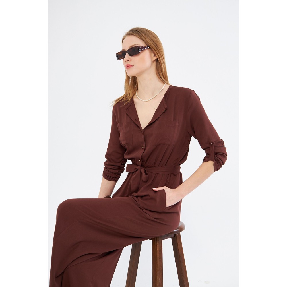 Pasaklı Giyim Pasaklı Giyim Kadın Viskon Tulum Kahverengi - Premium Kadın Giyim