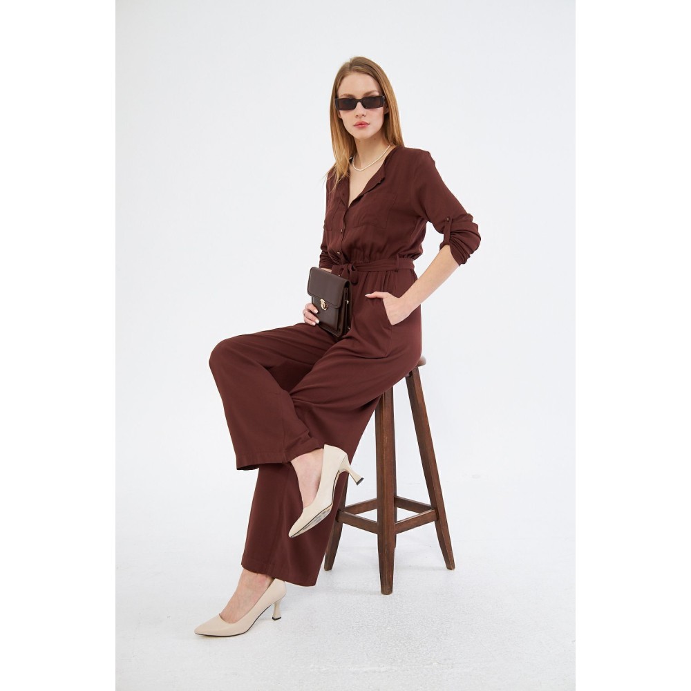 Pasaklı Giyim Pasaklı Giyim Kadın Viskon Tulum Kahverengi - Premium Kadın Giyim