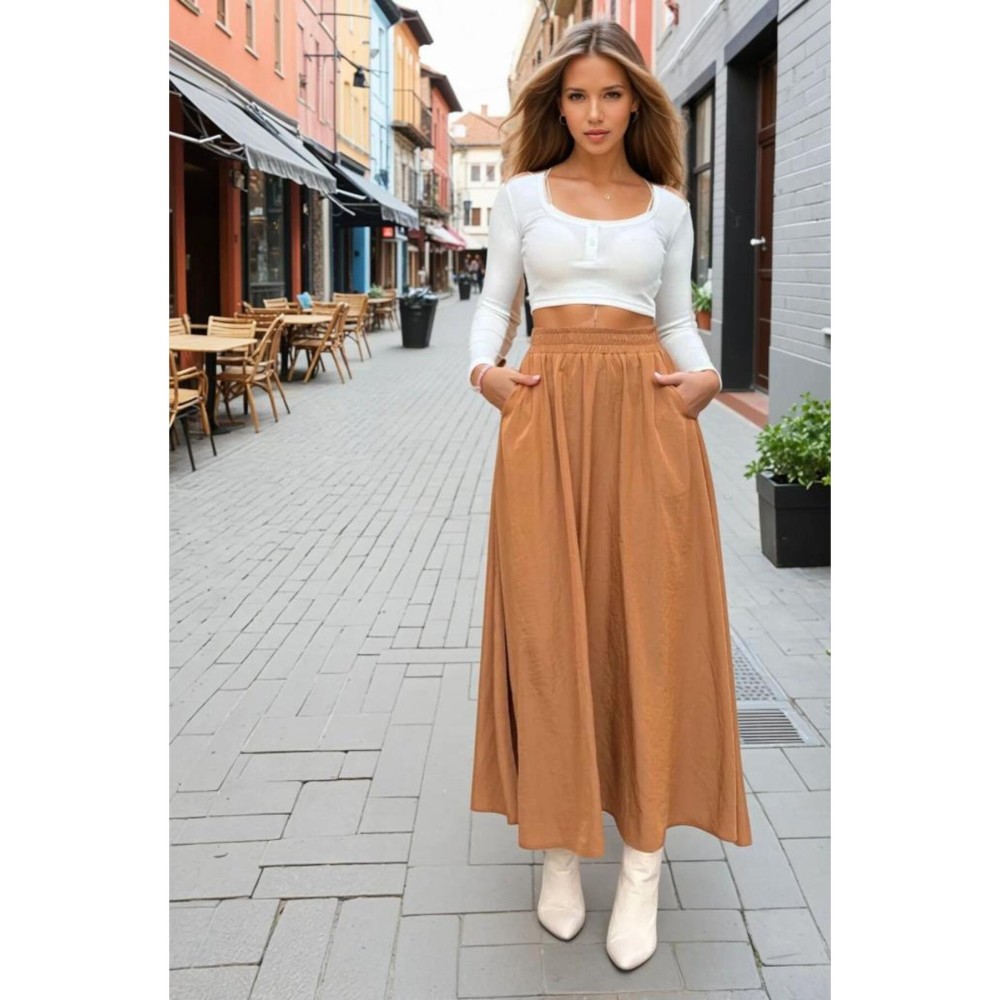 Pasaklı Giyim Pasaklı Giyim Kadın Beli Lastikli A Kesim Salaş Uzun Yüksek Bel Kupra Etek Taba - Premium Kadın Giyim