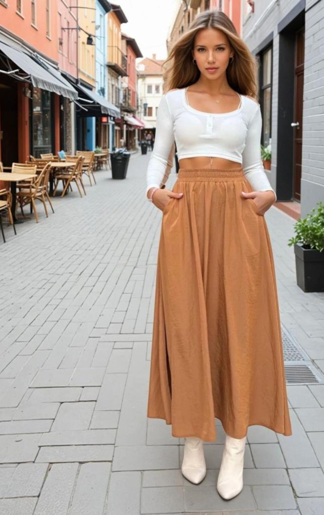 Pasaklı Giyim Kadın Beli Lastikli A Kesim Salaş Uzun Yüksek Bel Kupra Etek 3676308 Taba