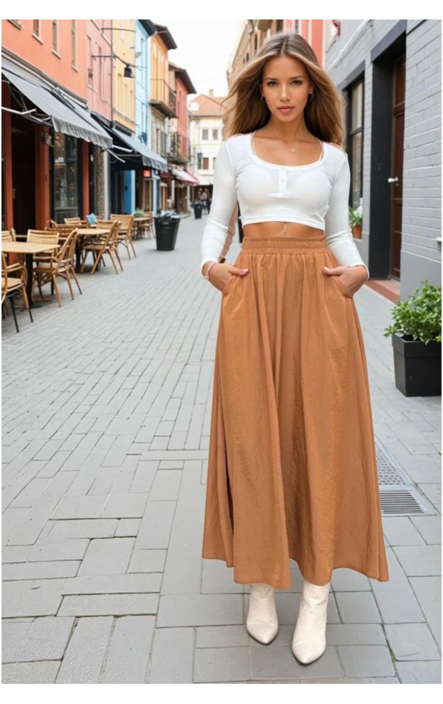 Pasaklı Giyim Kadın Beli Lastikli A Kesim Salaş Uzun Yüksek Bel Kupra Etek 3676308 Taba