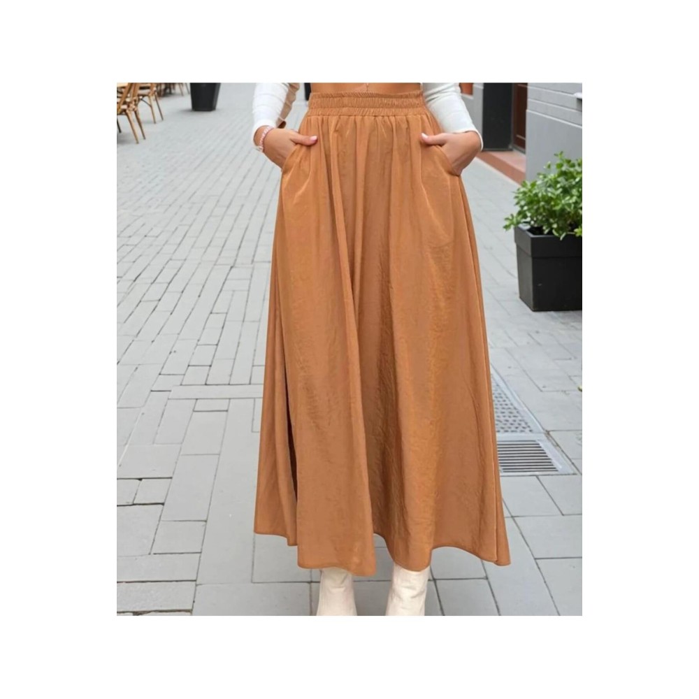 Pasaklı Giyim Pasaklı Giyim Kadın Beli Lastikli A Kesim Salaş Uzun Yüksek Bel Kupra Etek Taba - Premium Kadın Giyim