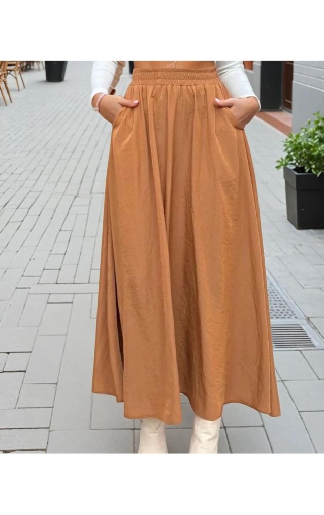 Pasaklı Giyim Kadın Beli Lastikli A Kesim Salaş Uzun Yüksek Bel Kupra Etek 3676308 Taba