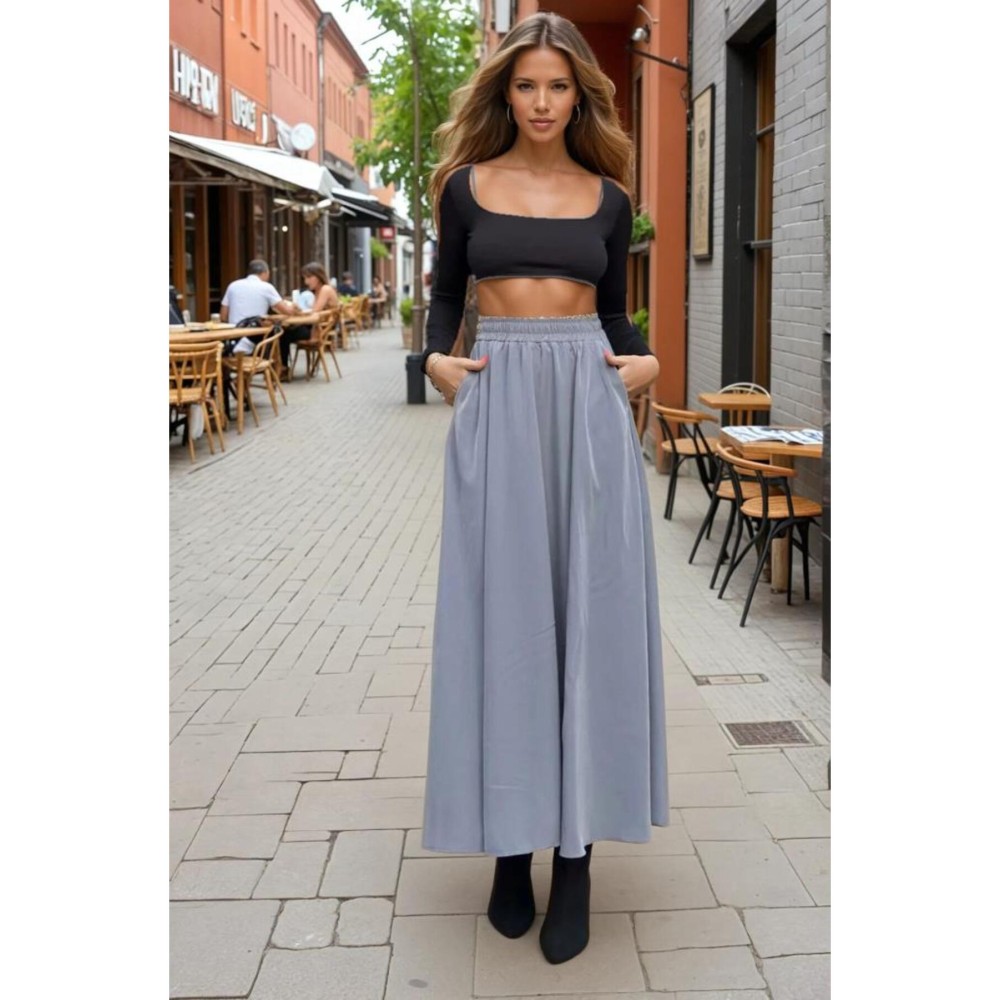 Pasaklı Giyim Pasaklı Giyim Kadın Beli Lastikli A Kesim Salaş Uzun Yüksek Bel Kupra Etek Gri - Premium Kadın Giyim