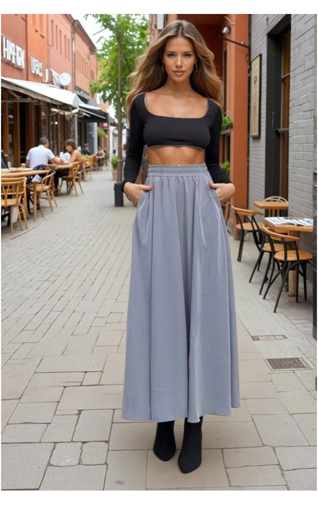 Pasaklı Giyim Kadın Beli Lastikli A Kesim Salaş Uzun Yüksek Bel Kupra Etek 3676308 Gri